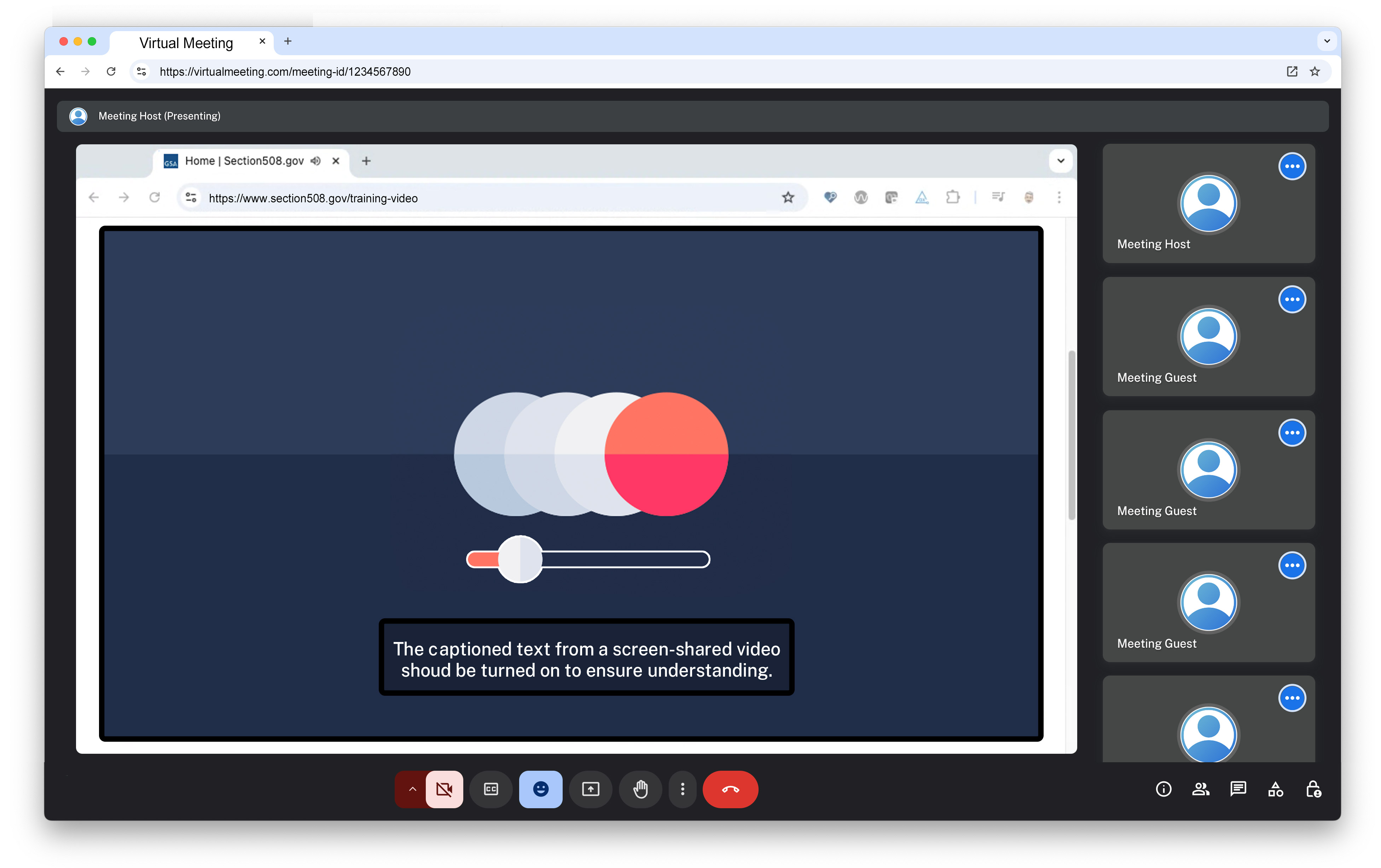 Graphic of a virtual meeting with participant icons and the main content area depicting a video with the captions;  captioned text from a screen-shared video should be turned on to ensure understanding.