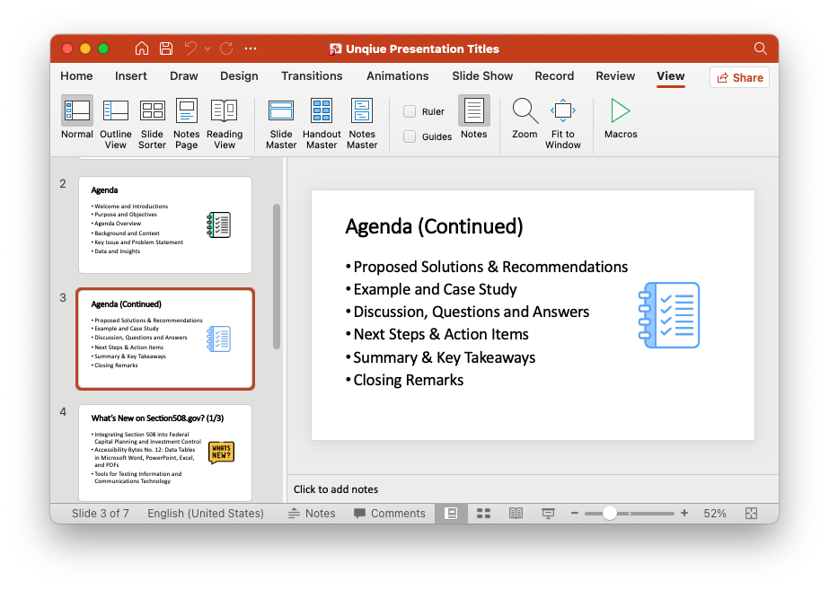 Screenshot of PowerPoint in normal view of slide titled, Agenda (Continued), with generic agenda items.