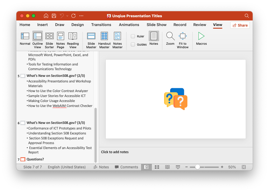 Screenshot of PowerPoint editor on slide without a visual title, and the outline view showing the hidden slide title of Questions?