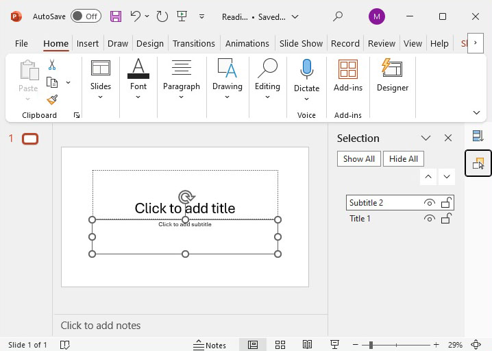 PowerPoint presentation slide showing a title page layout with CLICK TO ADD TITLE appearing above CLICK TO ADD SUBTITLE visually, while in the Selection Pane  object TITLE 1 appears below SUBTITLE 2.