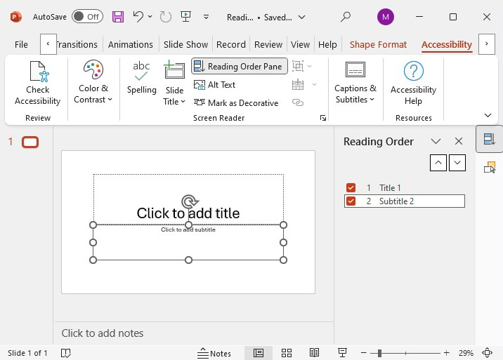 PowerPoint presentation slide showing a title page layout with CLICK TO ADD TITLE appearing above CLICK TO ADD SUBTITLE visually, while in the Reading Order Pane object TITLE 1 appears above SUBTITLE 2.
