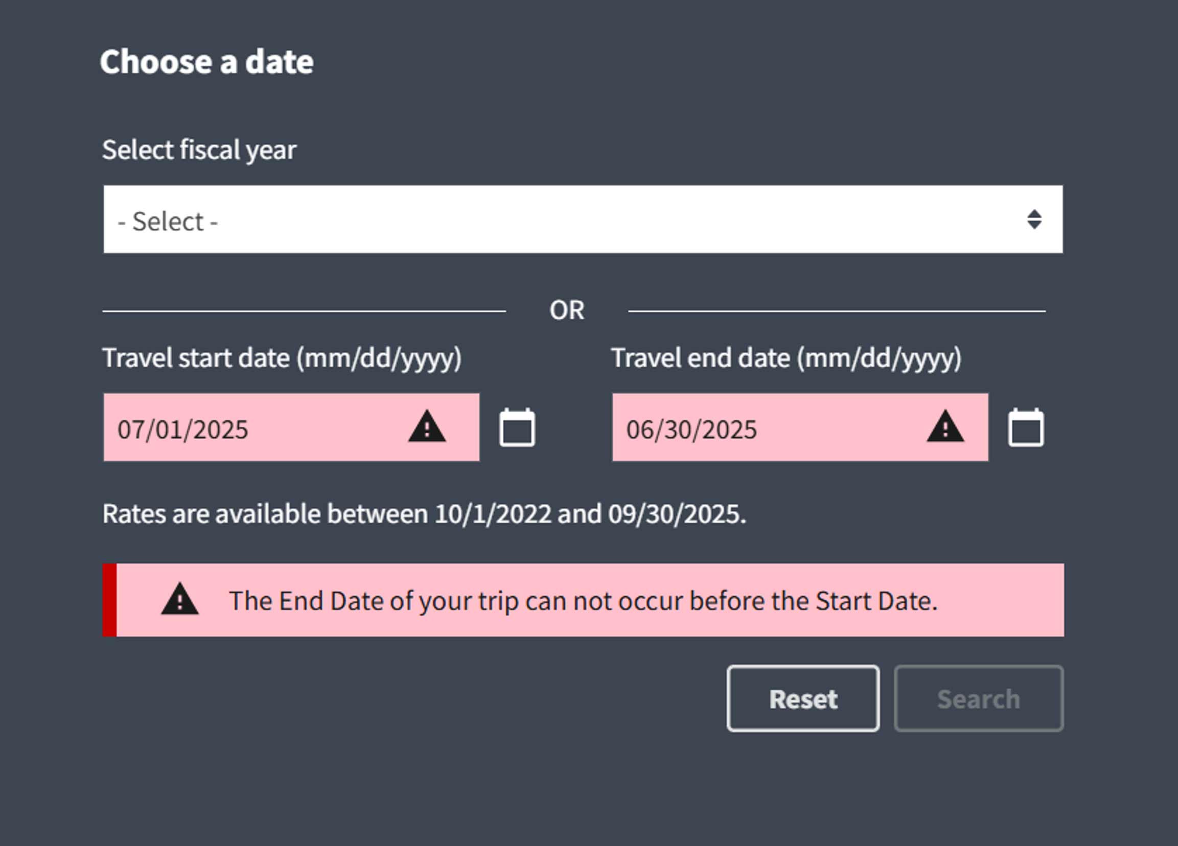 The same form as in the previous image, but the two date fields shaded in light red now also include warning icons. An error message with the same icon and color states 'The End Date of your trip can not occur before the Start Date.'