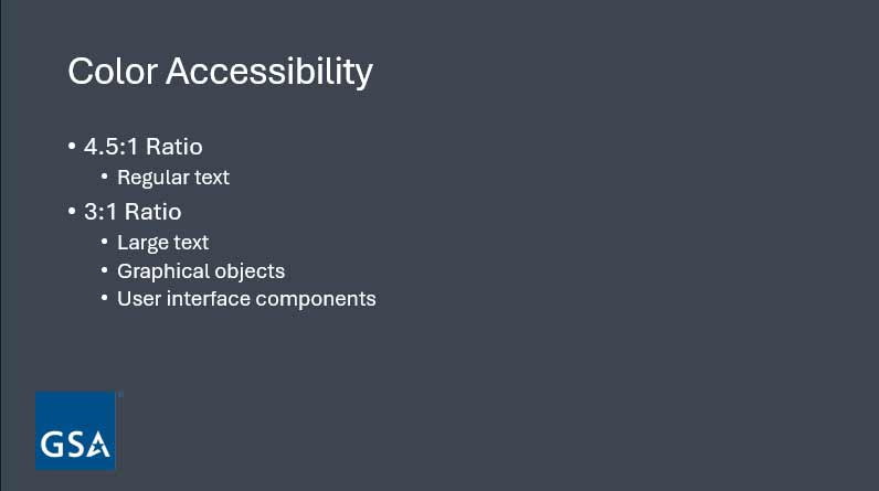 Presentation slide of white text on a dark grey background, with the dark blue GSA logo at the bottom.