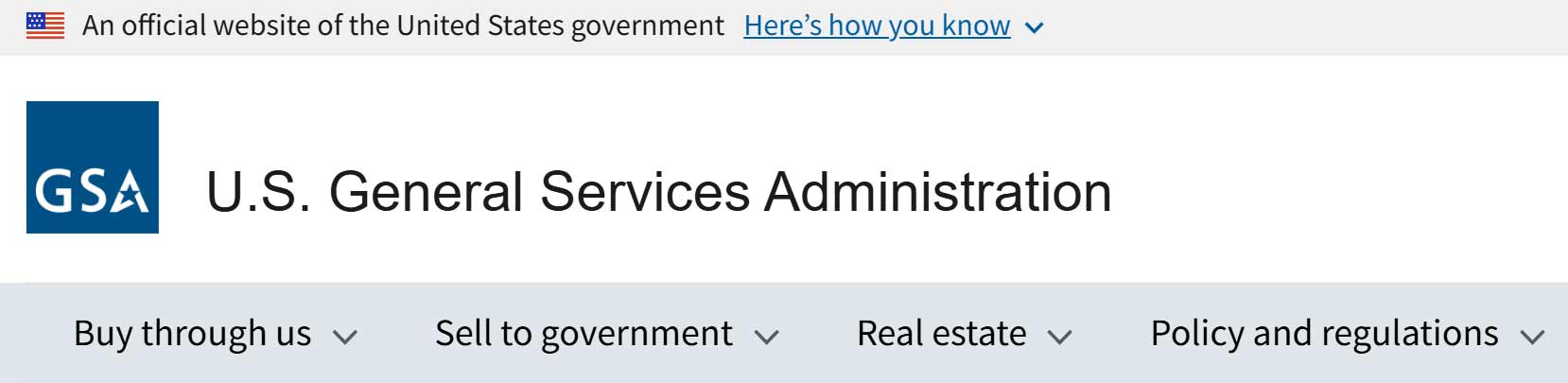 Header of GSA website. Dark blue GSA logo on a white background links to the site’s home page, and the main navigation menu immediately follows it.