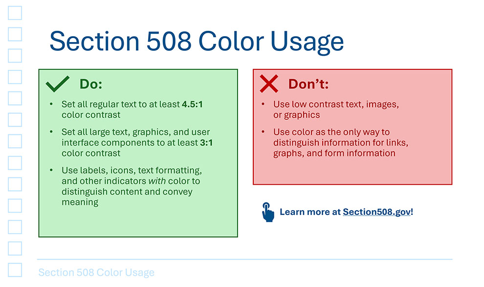 A presentation slide titled 'Section 508 Color Usage' in dark blue text on a white background. Decorative light blue shapes line the side of the slide, and the slide title is repeated in light blue footer text.